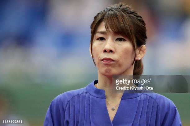 Former freestyle wrestler and three-time Olympic gold medalist Saori Yoshida attends her retirement ceremony on day four of the All Japan Wrestling...
