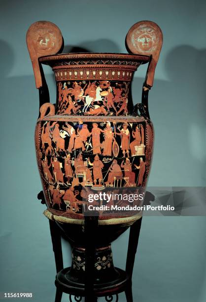 Italy; Campania; Naples; National Archaeological Museum. Whole artwork. Attic crater with handles and red figures red black vase handles gorgoneion...