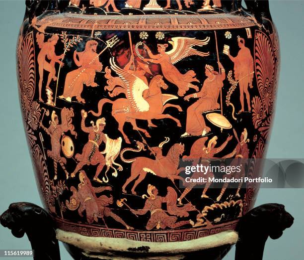 Italy; Campania; Naples; National Archaeological Museum. Detail. Crater with handles and red figures red black vase gorgoneion decoration scene...