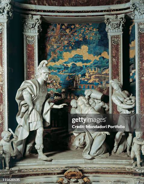 Italy; Sicily; Palermo; Casa Professa. Whole artwork. Sculpture group Abigail placating David's anger woman putto/cherub young man helmet background...