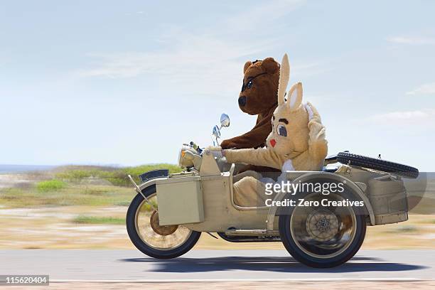 bear and bunny riding a motorbike - bear suit stock-fotos und bilder