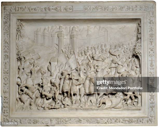 Italy; Lombardy; Milan; Santa Marta church in Milan; dalla Chiesa di Santa Marta a Milano. Decorative panel with battle horses banners/standards...