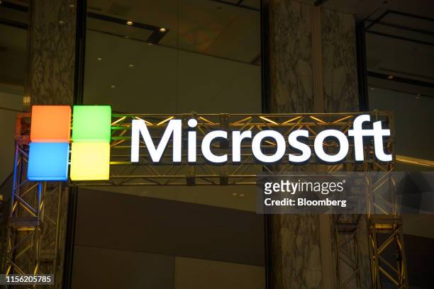 The Microsoft Corp. Logo is displayed at the company's booth during the SoftBank World 2019 event in Tokyo, Japan, on Thursday, July 18, 2019. The...