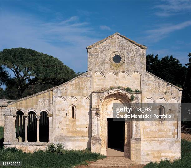Italy; Puglia; Lecce; Lecce; Santa Maria di Cerrate Church. Whole artwork. Church of Santa Maria di Cerrate Lecce facade divided into three parts...