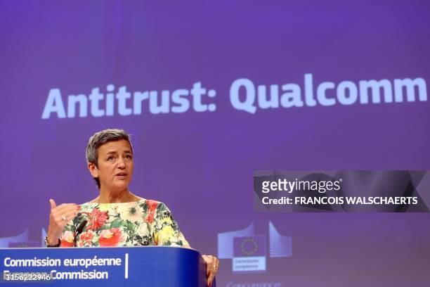 Commissioner Margrethe Vestager, in charge of competition policy, gives a press conference focused on US chipmaker Qualcomm on July 18, 2019 at the...