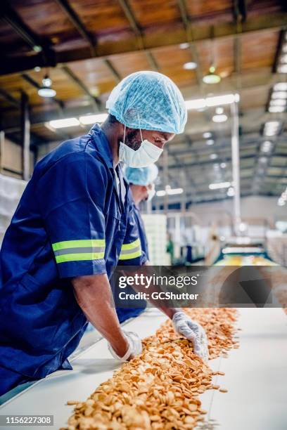 production line workers at a food processing plant - food processing plant stock pictures, royalty-free photos & images