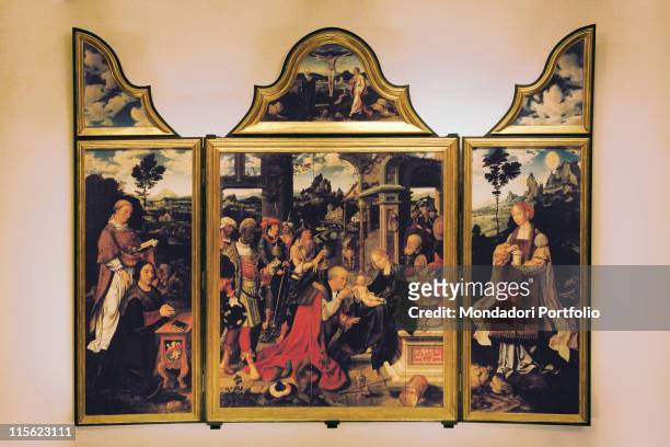 Italy; Liguria; Genoa; San Donato church. Whole artwork. Triptych open screens The Holy Family Adoration of the Magi St Mary Magdalene client Stefano...