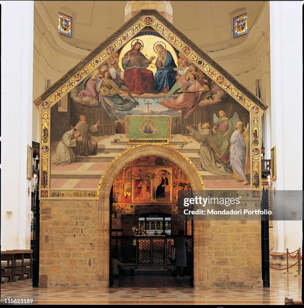 Italy; Umbria; Perugia; Santa Maria degli Angeli; Santa Maria degli Angeli Basilica. View painted facade Porziuncola oratory chapel St Francis wall...