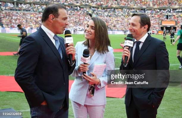 Raphael Ibanez, Cecile Gres, Cedric Beaudou comment for France Televisions the Top 14 Final match between Stade Toulousain and ASM Clermont Auvergne...