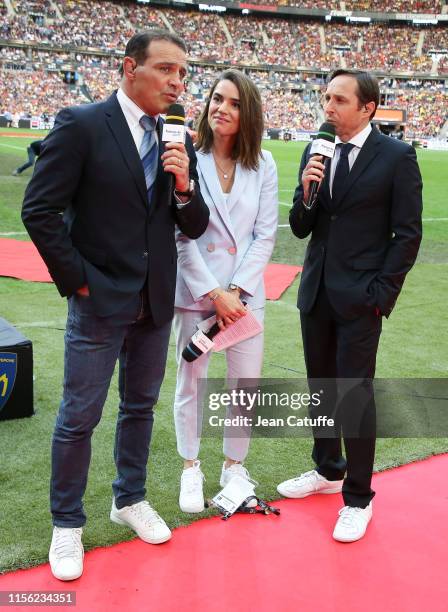 Raphael Ibanez, Cecile Gres, Cedric Beaudou comment for France Televisions the Top 14 Final match between Stade Toulousain and ASM Clermont Auvergne...