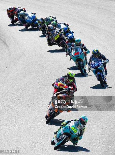Lorenzo Dalla Porta of Italy and Leopard Racing leads the pack during the Moto3 race during the MotoGP Gran Premi Monster Energy de Catalunya at...