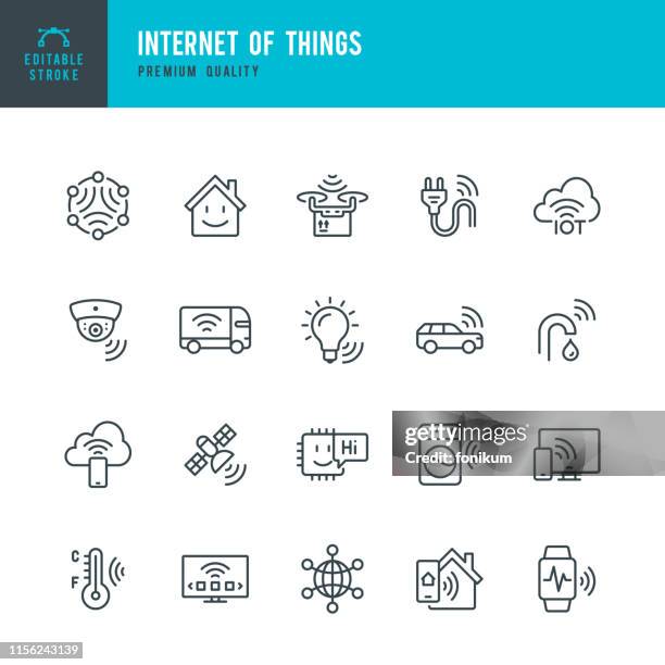ilustraciones, imágenes clip art, dibujos animados e iconos de stock de internet de las cosas - conjunto de iconos de línea vectorial. inteligencia artificial, aprendizaje automático, chip de computadora, vigilancia, internet de las cosas, hogar inteligente. esboce trazo editable. - internet de las cosas