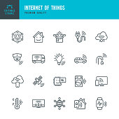 Internet of Things - vector line icon set. Artificial Intelligence, Machine Learning, Computer Chip, Surveillance, Internet of Things, Smart Home. Outline editable stroke.