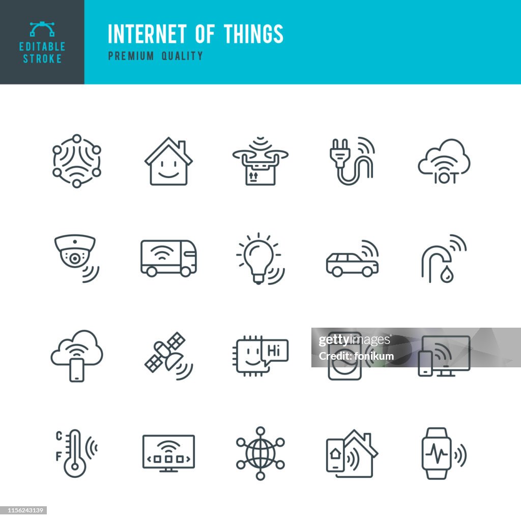 Internet of Things - vector line icon set. Artificial Intelligence, Machine Learning, Computer Chip, Surveillance, Internet of Things, Smart Home. Outline editable stroke.