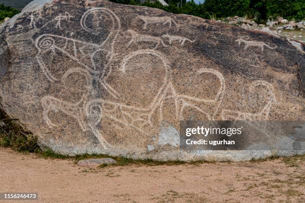 hand-drawn rocks (petroglyphs) in cholpon-ata city, kyrgyzstan - animal sport stock pictures, royalty-free photos & images