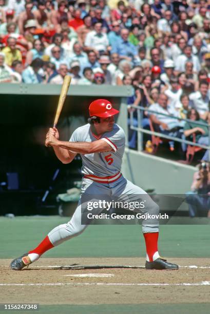 Catcher Johnny Bench of the Cincinnati Reds bats during a game against the Pittsburgh Pirates at Three Rivers Stadium in 1977 in Pittsburgh,...