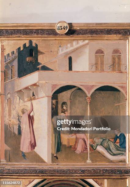 Italy, Tuscany, Florence, Uffizi Gallery. Detail. Episode life of St. Nicholas of Bari healing sick men building house windows arches.