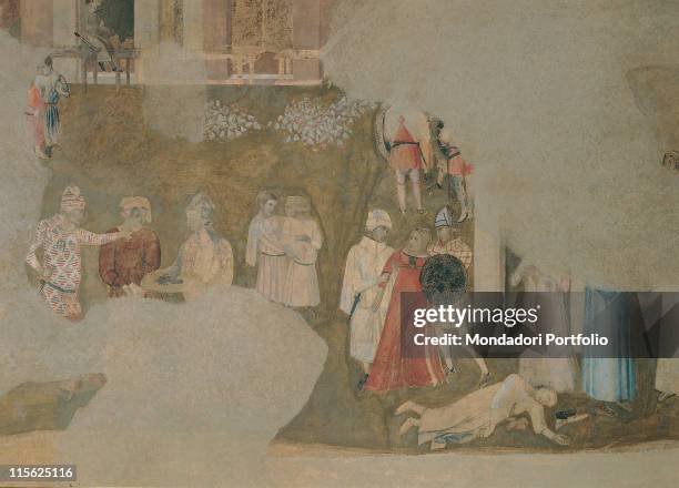 Italy, Tuscany, Siena, Palazzo Pubblico, Sala della Pace, west wall. Detail. Two armed men dragging a woman; man's body murdered at the bottom right....