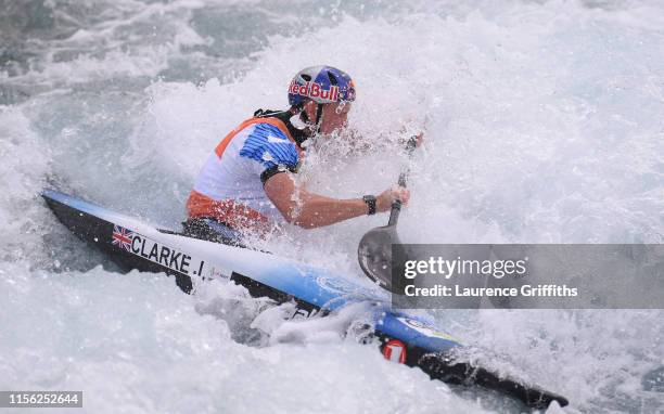 Joseph Clarke of Great Britain competes in the Semi Final of the Mens K1 Semi Final during Day Three of the 2019 ICF Canoe Slalom World Cup at Lee...