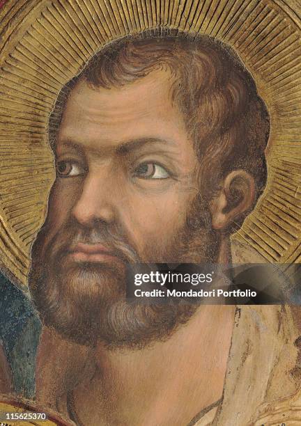 Italy, Tuscany, Siena, Palazzo Pubblico, Sala del Mappamondo. Detail. Face of the Apostle Simon brown beard rays halo; aureole gold brown hues;...