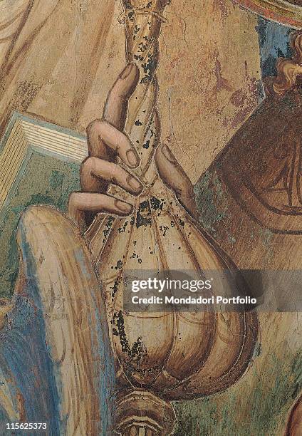 Italy, Tuscany, Siena, Palazzo Pubblico, Sala del Mappamondo. Detail. An angel holding the ampulla book light blue; azure blue green brown beige...