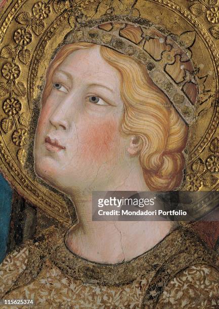 Italy, Tuscany, Siena, Palazzo Pubblico, Sala del Mappamondo. Detail. Face of St Catherine of Alexandria halo; aureole crown flowers leaves...