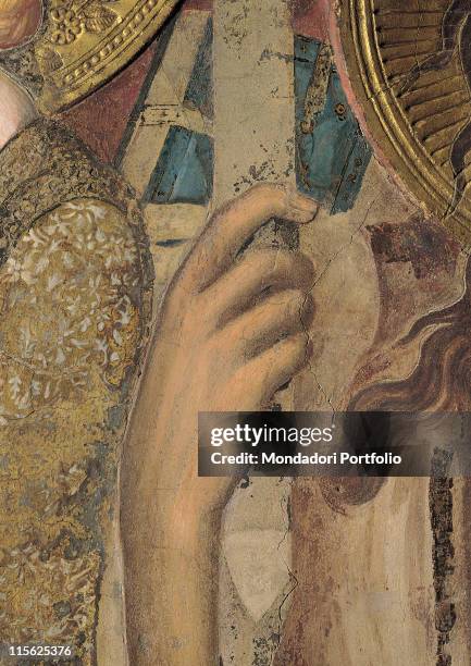 Italy, Tuscany, Siena, Palazzo Pubblico, Sala del Mappamondo. Detail. The right hand of St John the Baptist brown hues; shades blue brown gold.