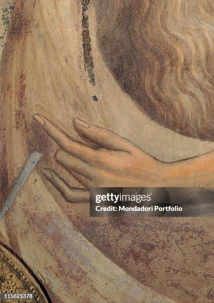 Italy, Tuscany, Siena, Palazzo Pubblico, Sala del Mappamondo. Detail. Left hand of St John the Baptist brown fur brown hues; shades.