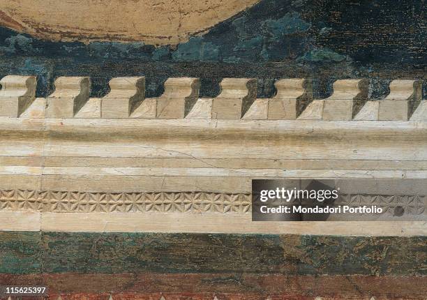 Italy, Tuscany, Siena, Palazzo Pubblico, Sala del Mappamondo. Detail of the bracketed cornice decoration blue white grey.