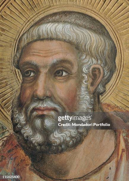 Italy, Tuscany, Siena, Palazzo Pubblico, Sala del Mappamondo. Detail. Head of St Peter hairstyle beard rays halo; aureole white gold black red brown...