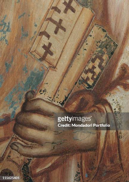 Italy, Tuscany, Siena, Palazzo Pubblico, Sala del Mappamondo. Detail. Keys of St Peter red light blue; azure yellow gold brown hues; shades.
