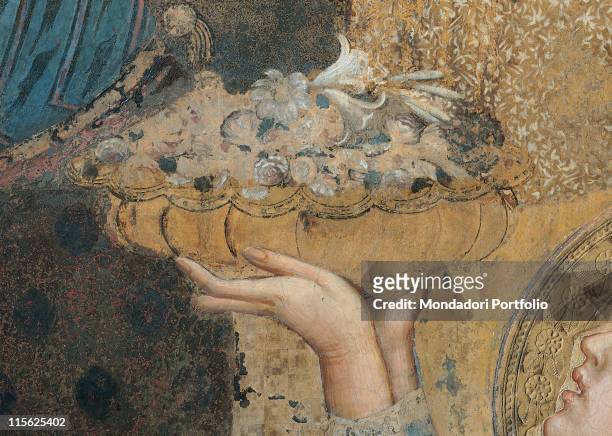 Italy, Tuscany, Siena, Palazzo Pubblico, Sala del Mappamondo. Detail of the cup of lilies brought by an angel pot flowers gold white hands.