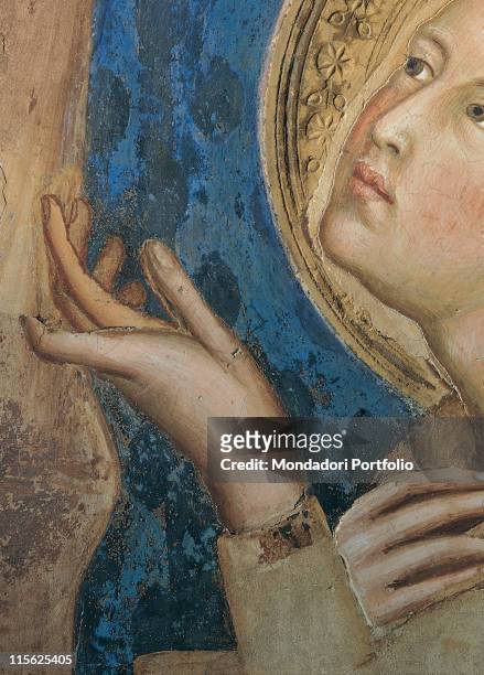 Italy, Tuscany, Siena, Palazzo Pubblico, Sala del Mappamondo. Detail. The left hand of St Crescentius gold brown hues; shades pink blue red brown.