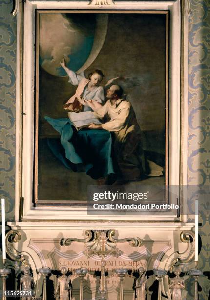 Italy, Lombardy, Como, San Gerolamo Emiliani Church. Whole artwork. Vision of the Blessed Giovanni da Meda angel sky oculus clouds book drapery;...