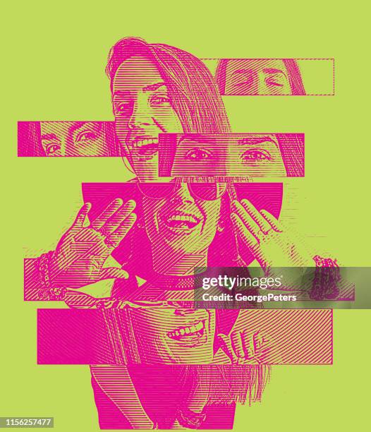 multiple exposure of a cheerful woman with positive emotions - dental composite stock illustrations