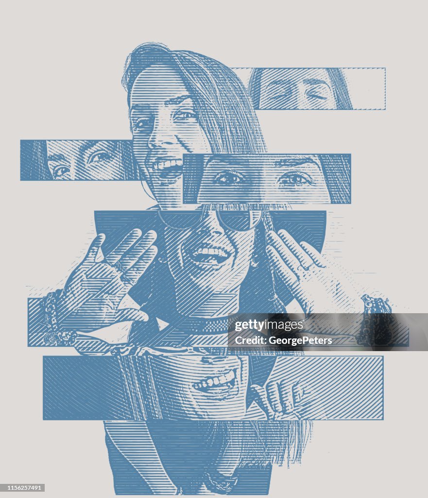 Multiple exposure of a cheerful woman with positive emotions