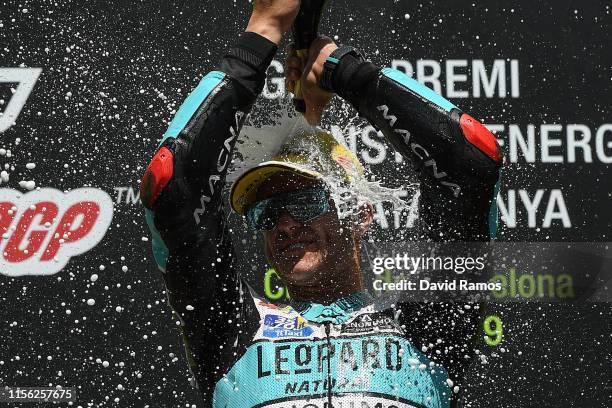 Marcos Ramirez of Spain and Leopard Racing celebrates on the podium after winning the Moto3 race during the MotoGP Gran Premi Monster Energy de...