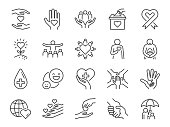 Charity line icon set. Included icons as kind, care, help, share, good, support and more.