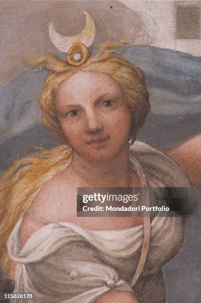 Italy, Emilia Romagna, Parma, Monastery of San Paolo, Camera della Badessa. Detail. Diana face young women blond hair moon.