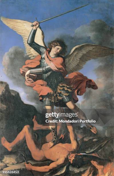 Italy, Marche, Fabriano, Ancona, San Nicola Church. Whole artwork. Archangel Michael warrior soldier armor; cuirass red mantle; cloak sword outspread...