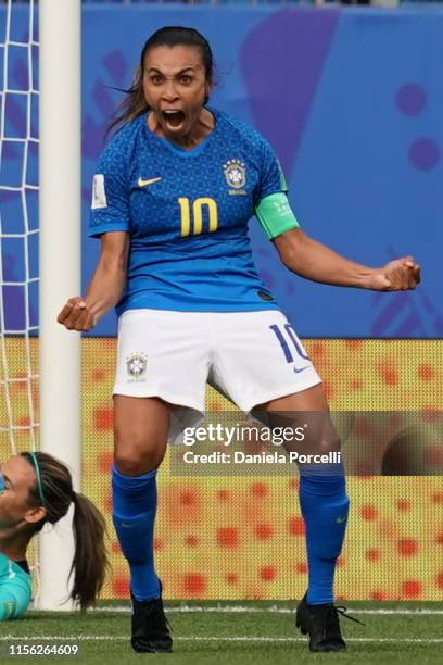 Marta celebrates her goal during the 2019 FIFA Women's World Cup France group C match between Australia and Brazil at Stade de la Mosson on June 13,...