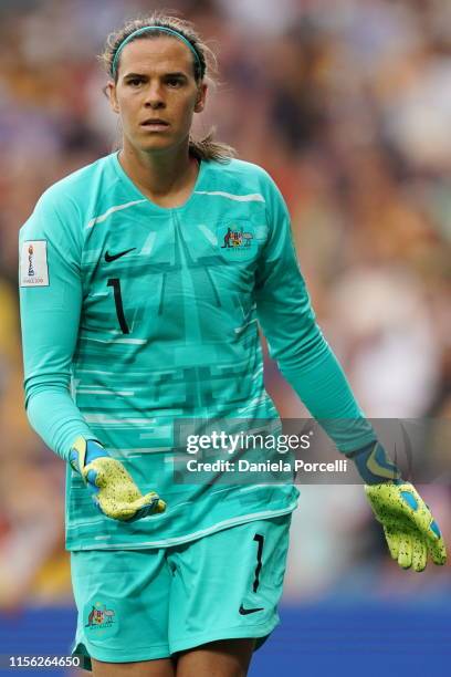 Australian goalkeeper Lydia Williams during the 2019 FIFA Women's World Cup France group C match between Australia and Brazil at Stade de la Mosson...