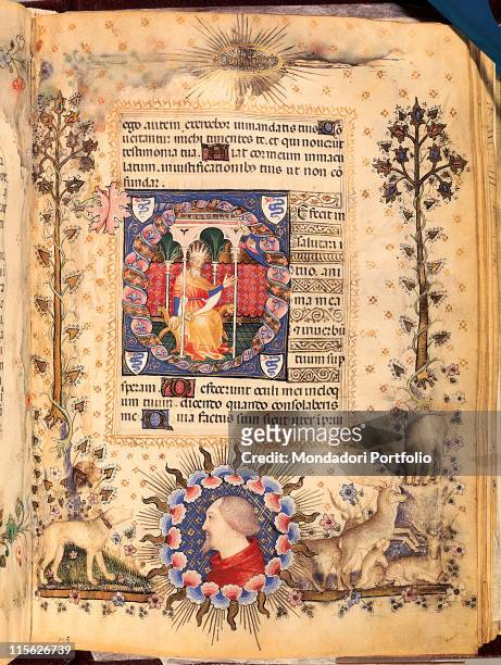 Italy, Tuscany, Florence, Central National Library. Whole artwork. Illuminated page Psalm portrait Gian Galeazzo Visconti face profile tondo crowned...