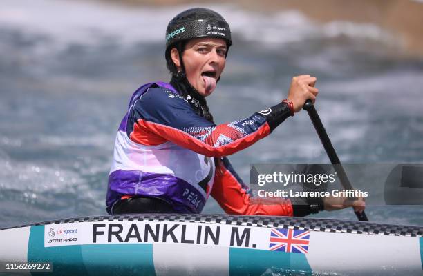 Mallory Franklin of Great Britain celebrates victory in the Final of the Womens C1 during Day Three of the 2019 ICF Canoe Slalom World Cup at Lee...