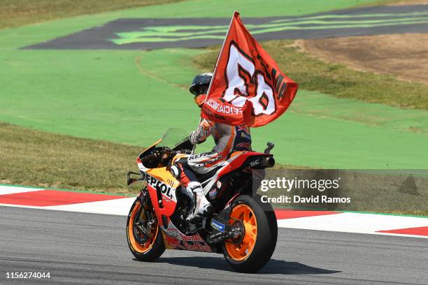 Marc Marquez of Spain and Repsol Honda Team celebrates after winning the MotoGP race during the MotoGP Gran Premi Monster Energy de Catalunya at...