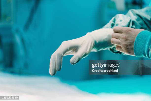 close-up of surgeon putting on surgical gloves in surgery room - hand white background stock pictures, royalty-free photos & images