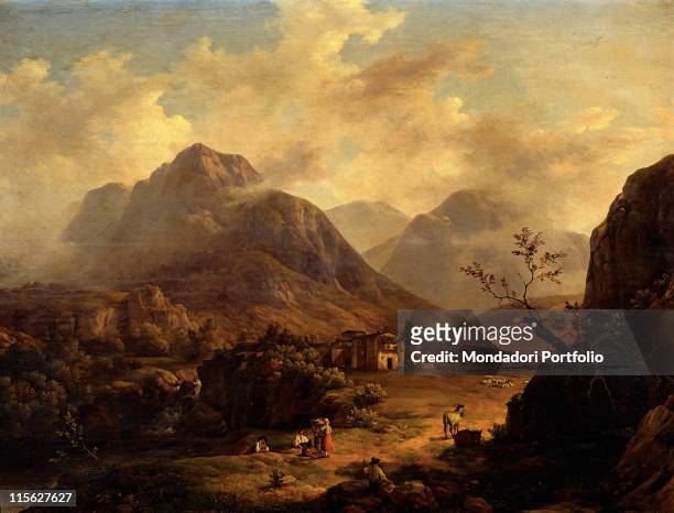 Italy, Lombardy, Milan, Brera Academy of Fine Arts. Whole artwork. Rural landscape hills valley cliff clouds fog cottage small figures shepherds...