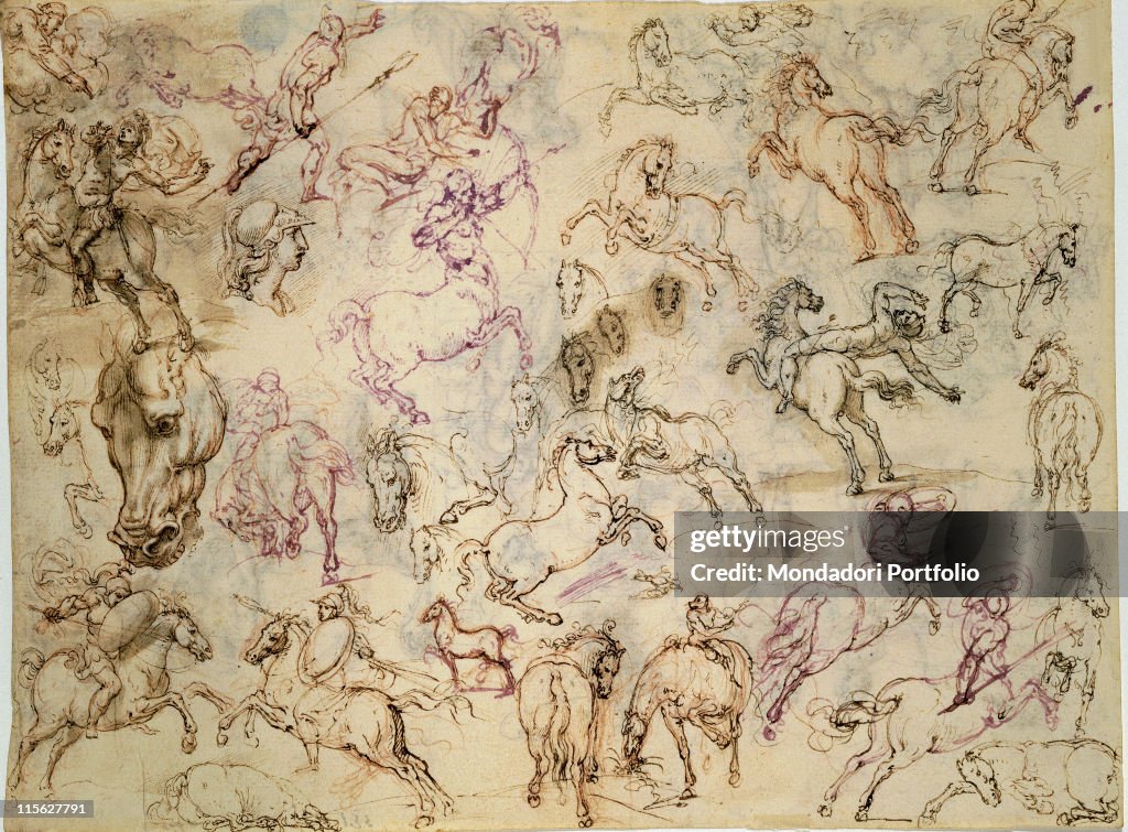 Various studies of figures, by Figino Giovanni Ambrogio, 1586, 16th Century, red pencil, blue and brown ink, watercolour