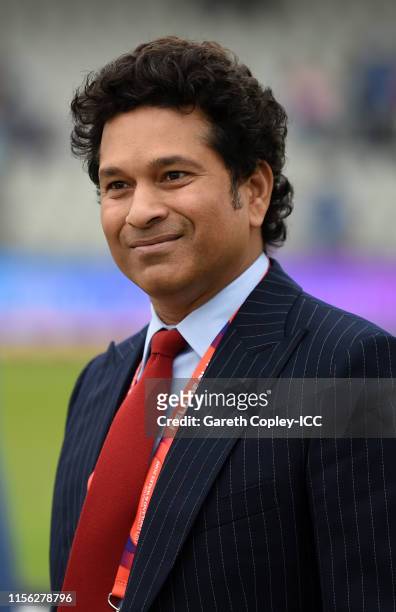 Former Indian cricketer Sachin Tendulkar during the Group Stage match of the ICC Cricket World Cup 2019 between Pakistan and India at Old Trafford on...