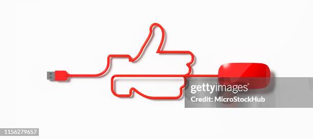 red mouse cable forming a thumbs up symbol on white background - hub icon stock pictures, royalty-free photos & images